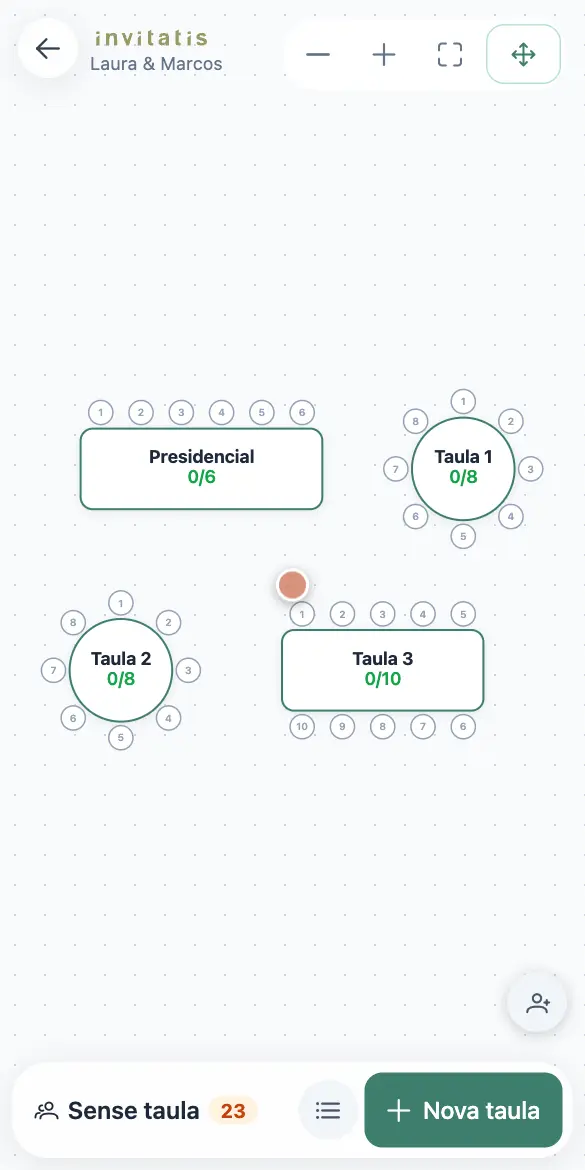 Animació en un mòbil: es tria el Javier Morales a la llista «Sense taula», se l'asseu a la Taula 3 i s'obre la «Llista de taules» amb el resum.