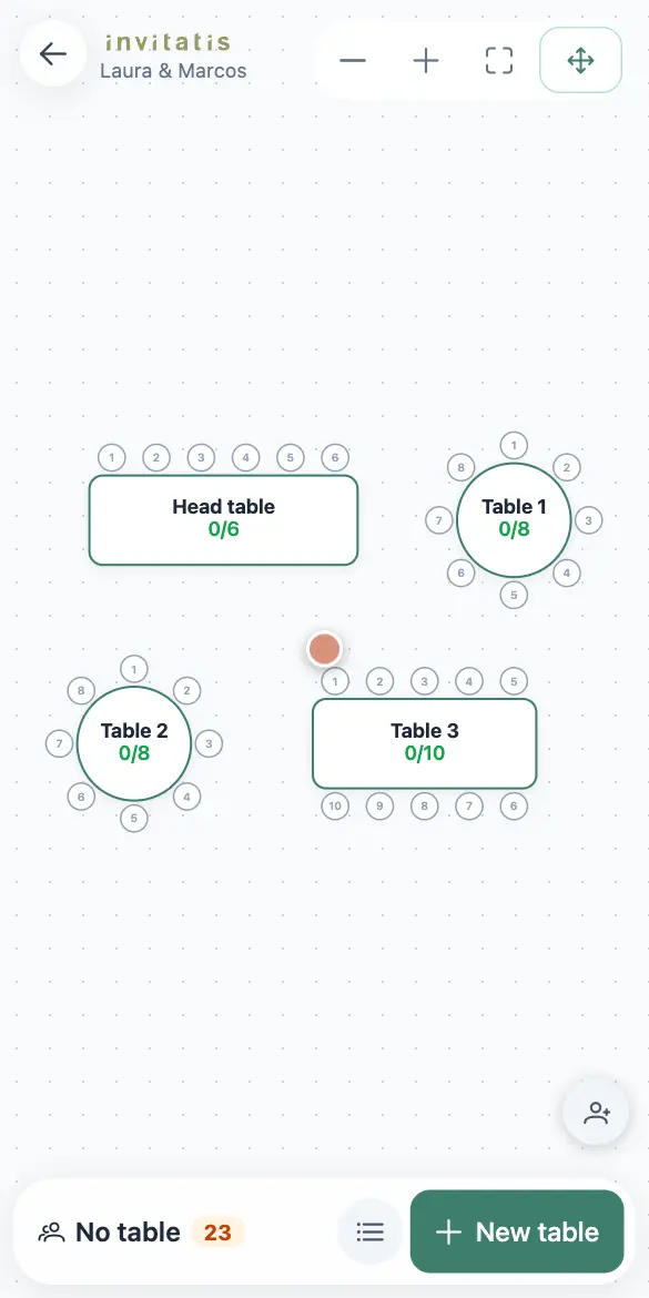 Animation on a phone: Javier Morales is picked from the No table list, seated at Table 3, and the Table list opens with the summary.