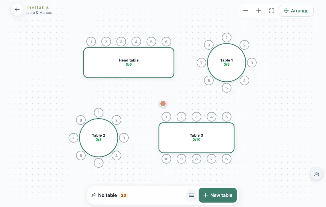 Paste list animation: Aunt Pilar +1, Vega cousins +3, Nuria Blanco and Jorge and Ana +1 are typed in, the list is added and the No table count goes up from 23 to 32.